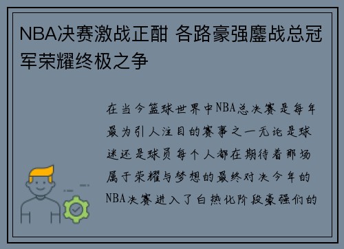 NBA决赛激战正酣 各路豪强鏖战总冠军荣耀终极之争