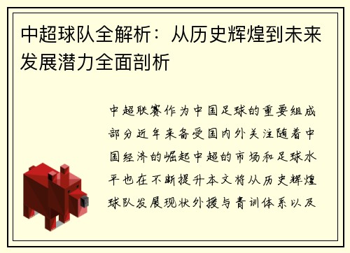 中超球队全解析：从历史辉煌到未来发展潜力全面剖析