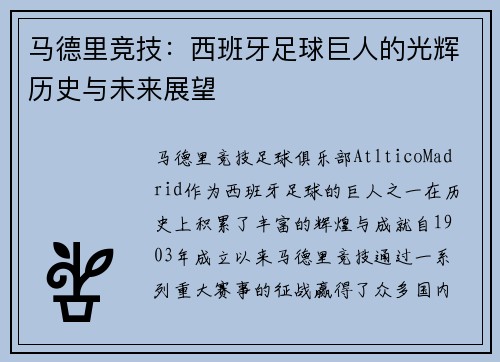马德里竞技：西班牙足球巨人的光辉历史与未来展望
