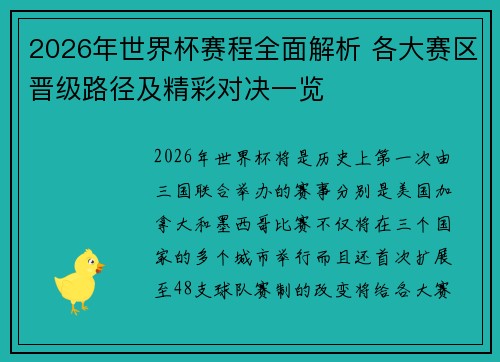 2026年世界杯赛程全面解析 各大赛区晋级路径及精彩对决一览