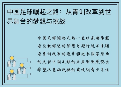 中国足球崛起之路：从青训改革到世界舞台的梦想与挑战